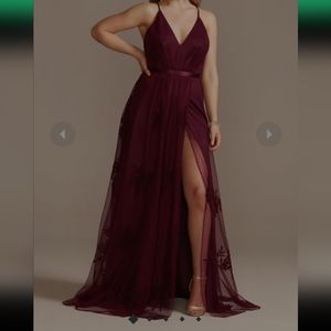 PLUS SIZE Davids Bridal maroon burgundy lace overlay bridesmaid dress